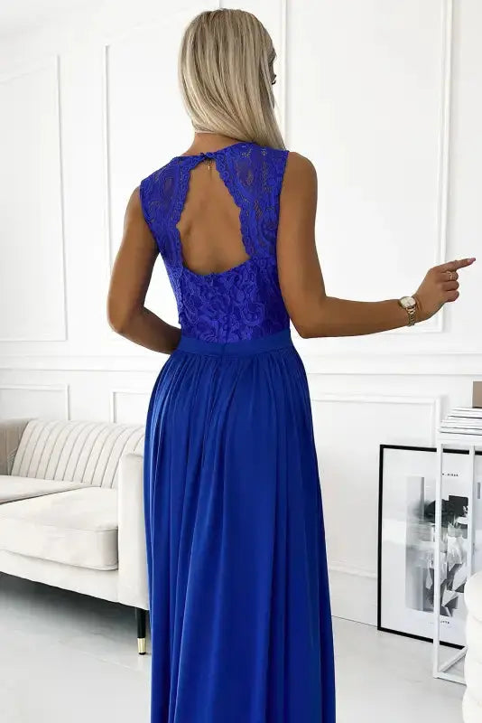 211-7 LEA long dress with lace neckline - royal blue - Livre e Solta Fashion