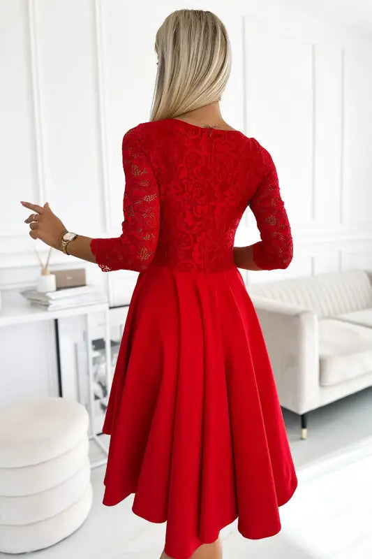 210-16 NICOLLE - dress with lace neckline and longer back - red - Livre e Solta Fashion