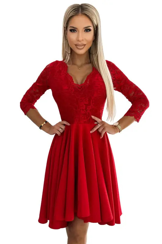 210-16 NICOLLE - dress with lace neckline and longer back - red - Livre e Solta Fashion