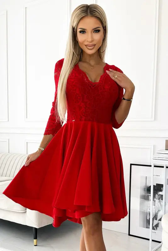 210-16 NICOLLE - dress with lace neckline and longer back - red - Livre e Solta Fashion