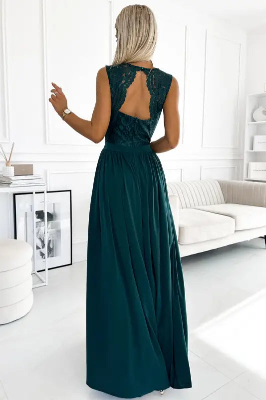 211-6 LEA long dress with lace neckline - green