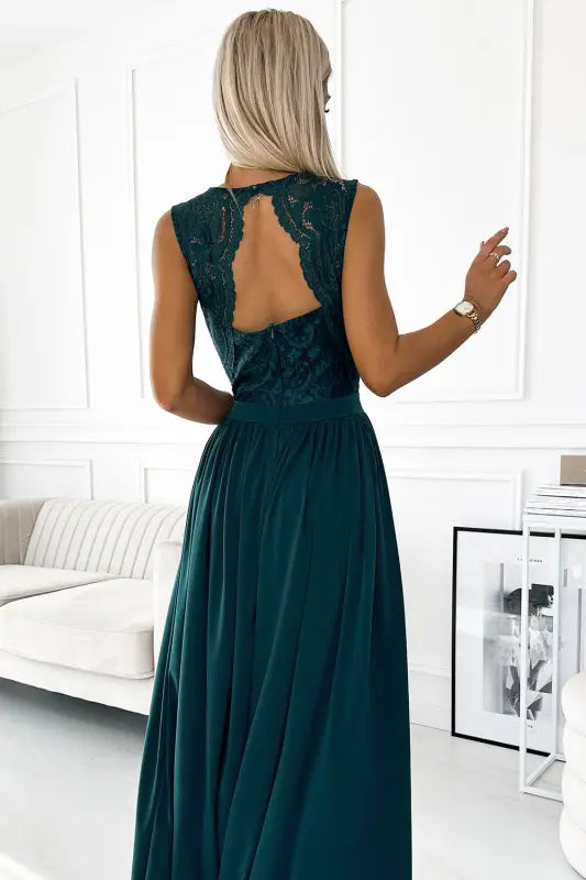 211-6 LEA long dress with lace neckline - green