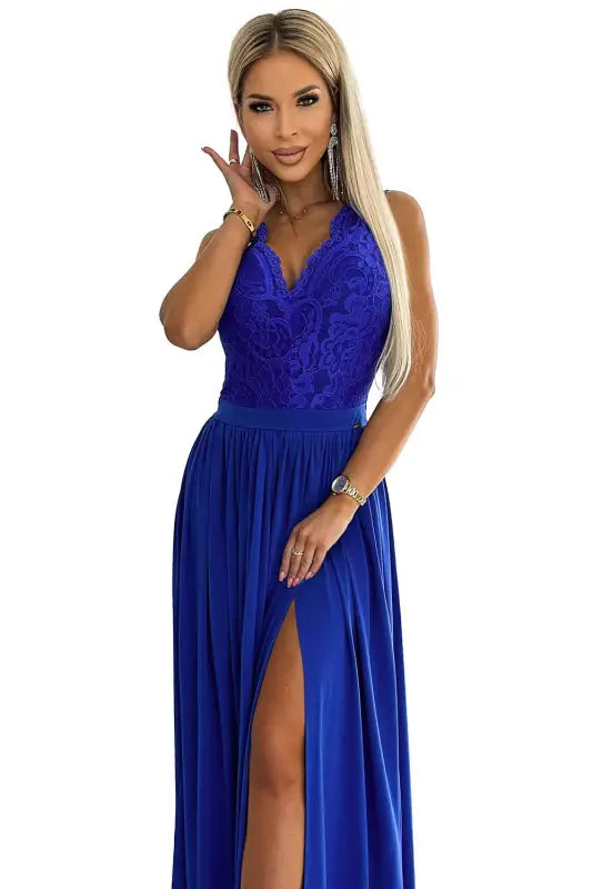 211-7 LEA long dress with lace neckline - royal blue - Livre e Solta Fashion