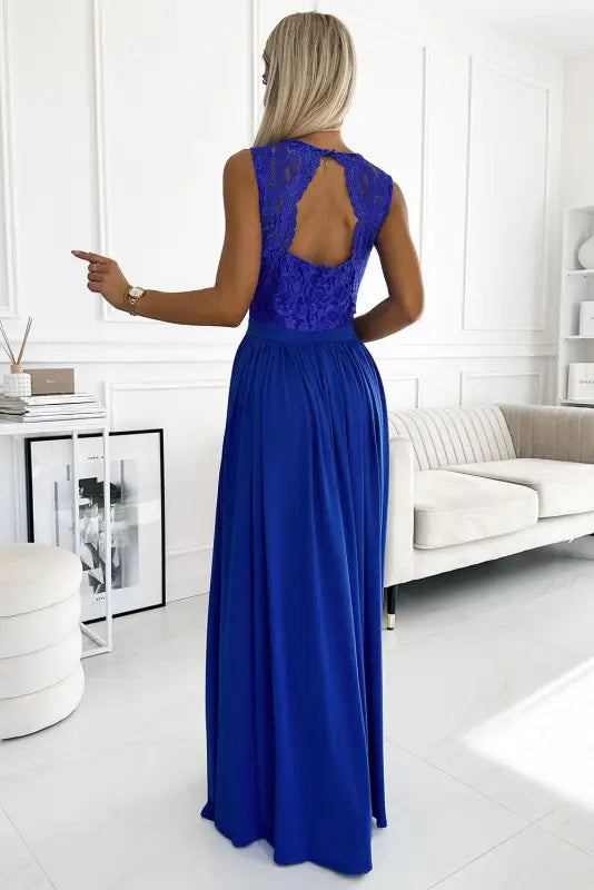 211-7 LEA long dress with lace neckline - royal blue - Livre e Solta Fashion