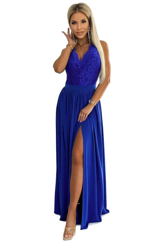 211-7 LEA long dress with lace neckline - royal blue - Livre e Solta Fashion