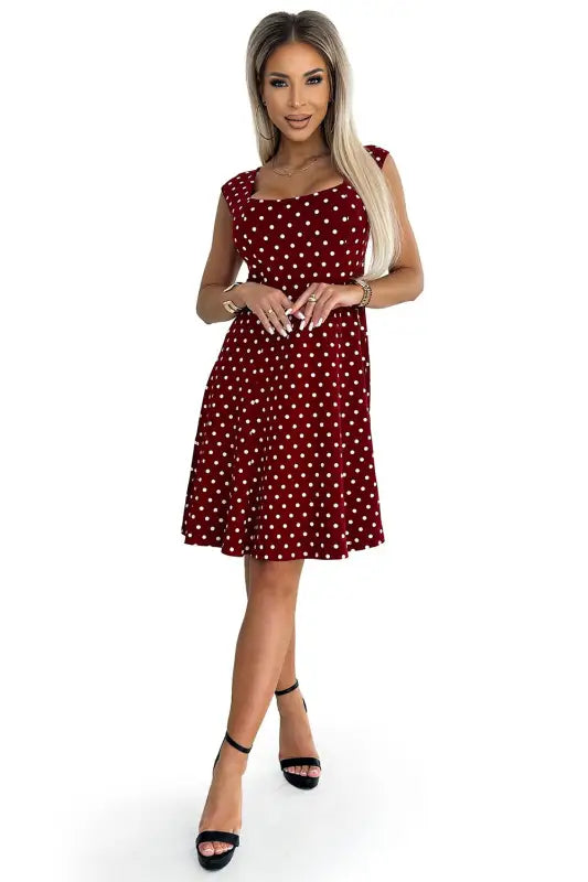 241-3 STELLA cotton dress with a diamond neckline - burgundy with polka dots - Livre e Solta Fashion