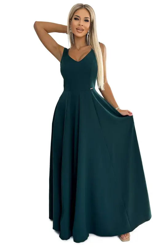 246-5 CINDY long elegant dress with a neckline - green - Livre e Solta Fashion