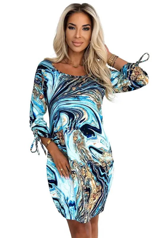 281-7 SOPHIE Comfortable dress with pockets Oversize - blue-gold waves - Livre e Solta Fashion