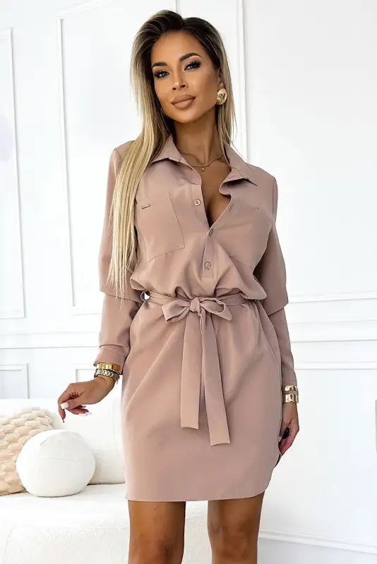 284-2 CAMILLE Shirt dress with pockets - beige - Livre e Solta Fashion