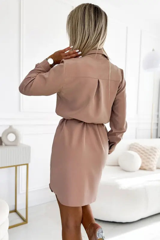 284-2 CAMILLE Shirt dress with pockets - beige - Livre e Solta Fashion