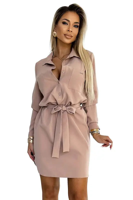 284-2 CAMILLE Shirt dress with pockets - beige - Livre e Solta Fashion