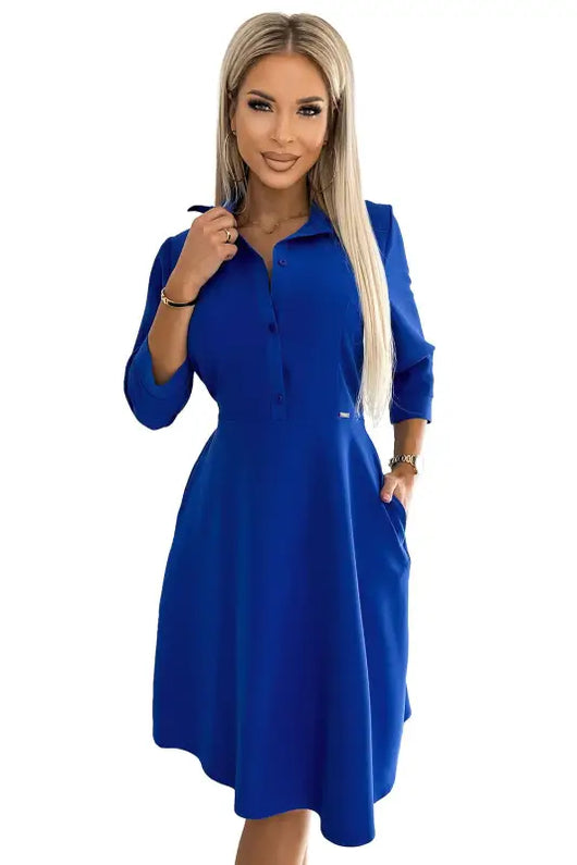 286-6 SANDY Flared shirt dress with a belt - blue - Livre e Solta Fashion