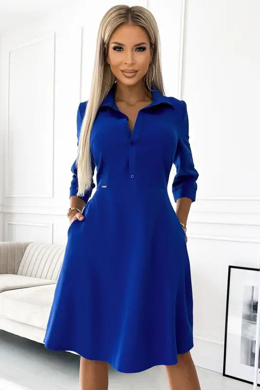 286-6 SANDY Flared shirt dress with a belt - blue - Livre e Solta Fashion