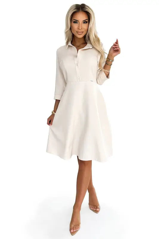 286-7 SANDY Flared shirt dress with a belt - beige - Livre e Solta Fashion