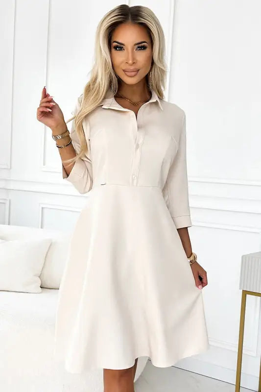 286-7 SANDY Flared shirt dress with a belt - beige - Livre e Solta Fashion