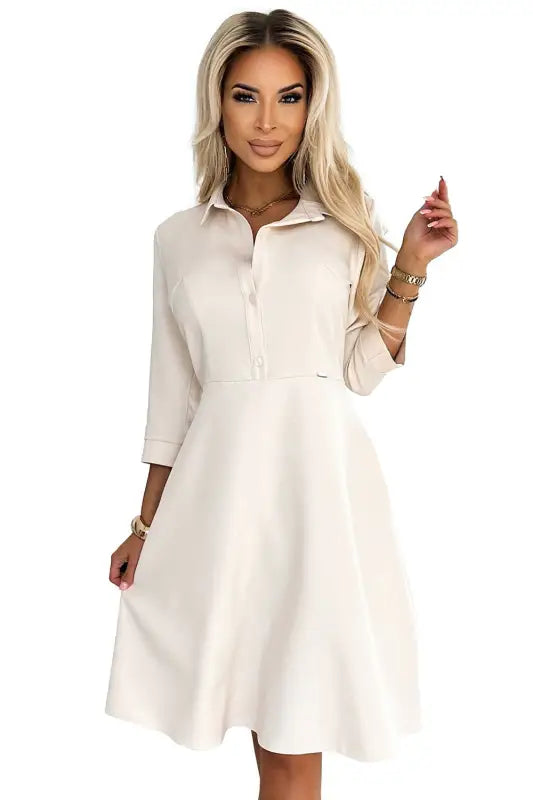 286-7 SANDY Flared shirt dress with a belt - beige - Livre e Solta Fashion