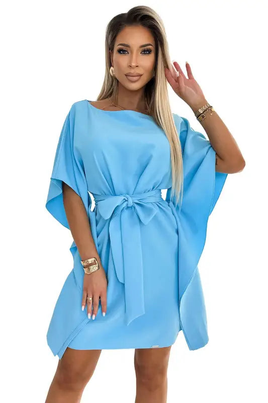 287-26 SOFIA Butterfly dress with a binding at the waist - light blue - Livre e Solta Fashion