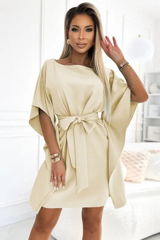 287-28 SOFIA Butterfly dress with a binding at the waist - beige - Livre e Solta Fashion