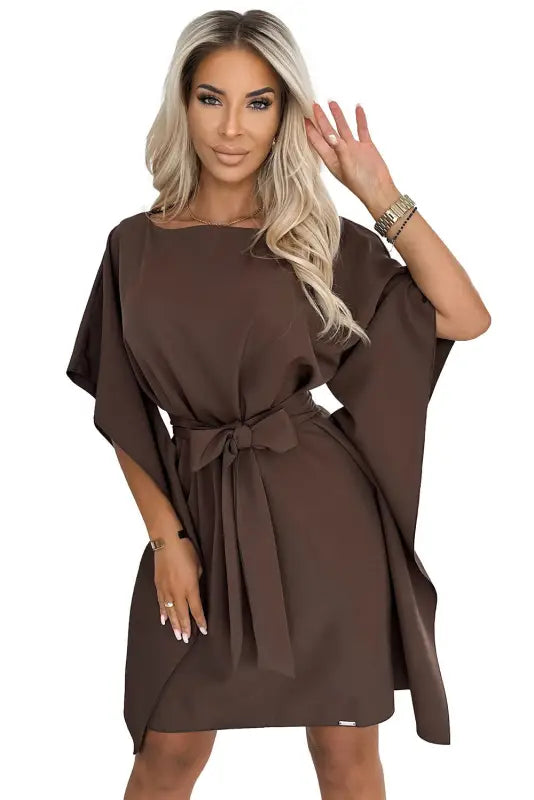 287-33 SOFIA Butterfly dress with a binding at the waist - chocolate color - Livre e Solta Fashion