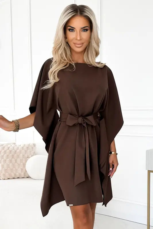 287-33 SOFIA Butterfly dress with a binding at the waist - chocolate color - Livre e Solta Fashion