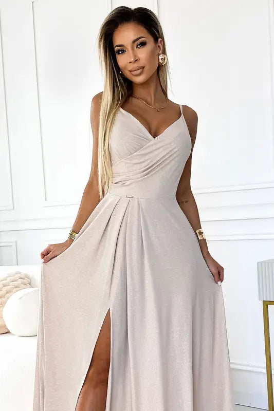 299-15 CHIARA elegant maxi dress with straps - beige with glitter - Livre e Solta Fashion