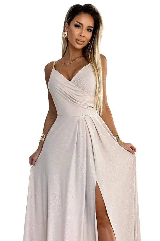 299-15 CHIARA elegant maxi dress with straps - beige with glitter - Livre e Solta Fashion