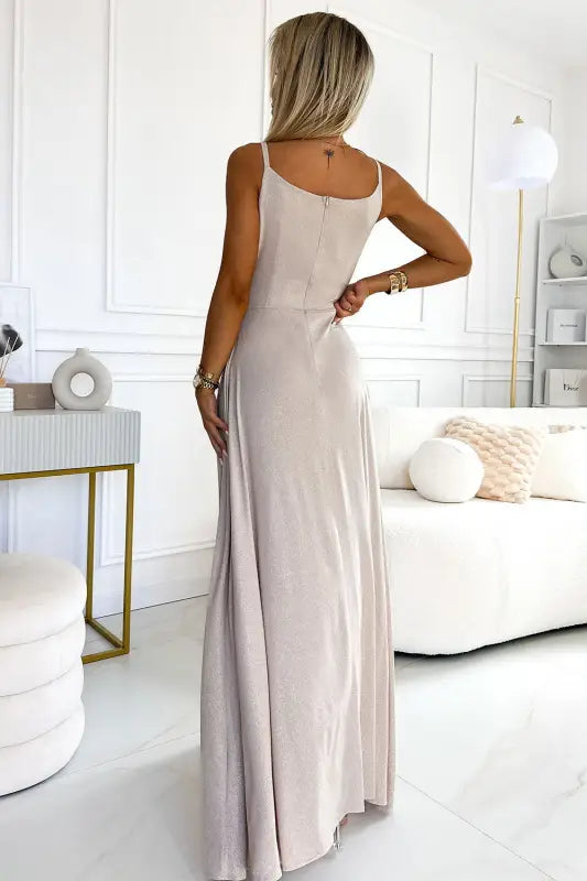 299-15 CHIARA elegant maxi dress with straps - beige with glitter - Livre e Solta Fashion