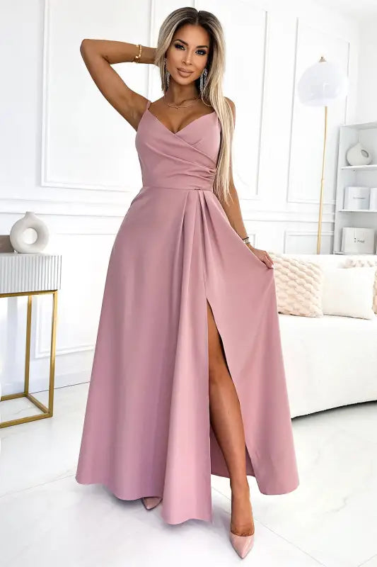 299-16 CHIARA elegant maxi dress with straps - dirty pink - Livre e Solta Fashion