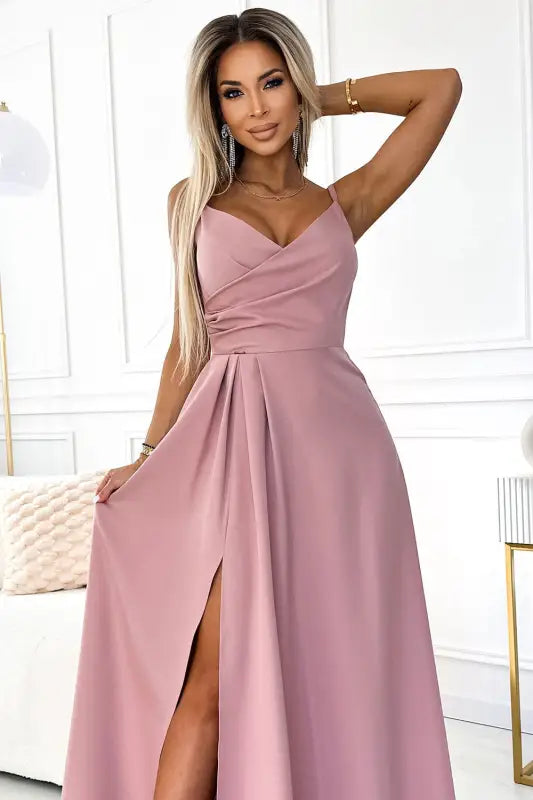 299-16 CHIARA elegant maxi dress with straps - dirty pink - Livre e Solta Fashion