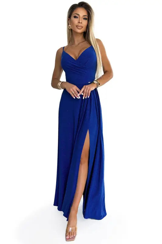 299-17 CHIARA elegant maxi dress with straps - blue with glitter - Livre e Solta Fashion