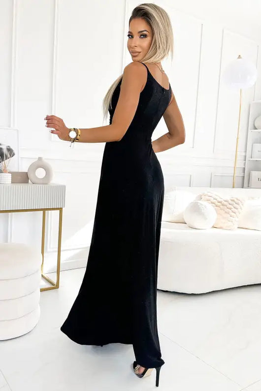 299-18 CHIARA elegant maxi dress with straps - black with glitter - Livre e Solta Fashion