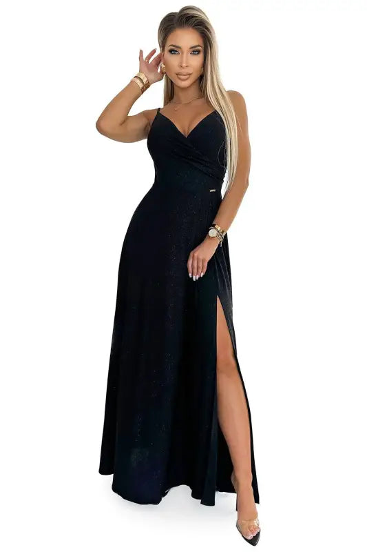 299-18 CHIARA elegant maxi dress with straps - black with glitter - Livre e Solta Fashion