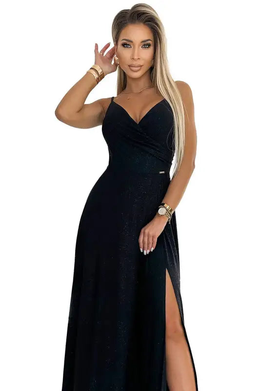 299-18 CHIARA elegant maxi dress with straps - black with glitter - Livre e Solta Fashion