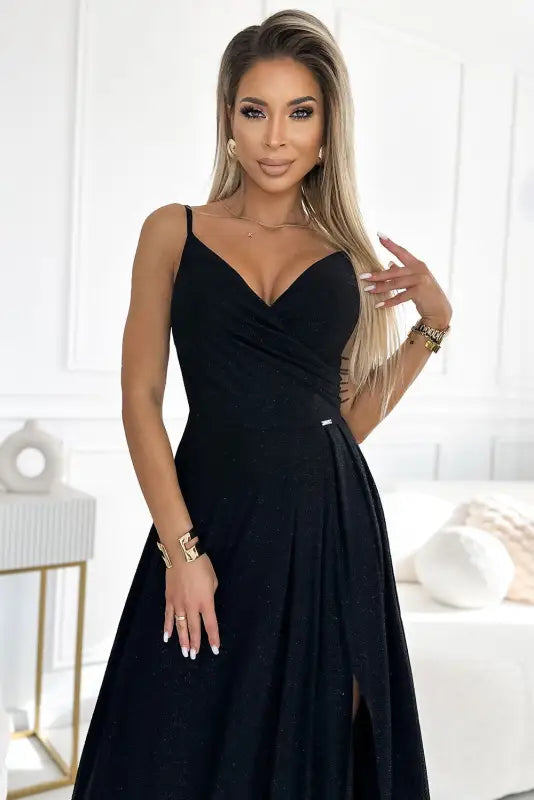 299-18 CHIARA elegant maxi dress with straps - black with glitter - Livre e Solta Fashion