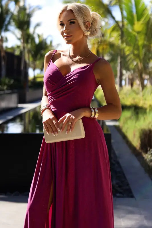 299-19 CHIARA elegant long maxi dress with straps - fuchsia with glitter - Livre e Solta Fashion