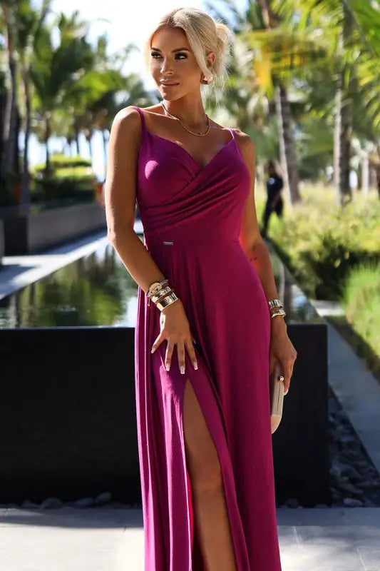 299-19 CHIARA elegant long maxi dress with straps - fuchsia with glitter - Livre e Solta Fashion