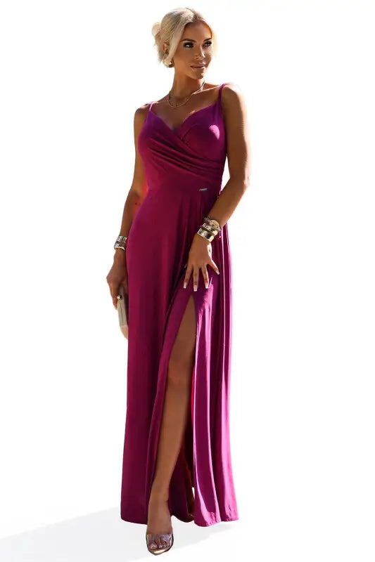 299-19 CHIARA elegant long maxi dress with straps - fuchsia with glitter - Livre e Solta Fashion