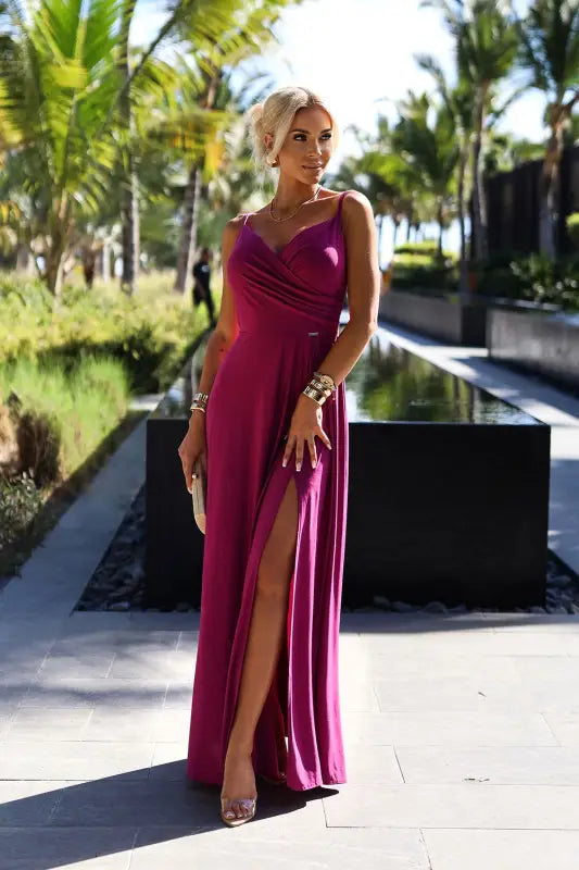 299-19 CHIARA elegant long maxi dress with straps - fuchsia with glitter - Livre e Solta Fashion