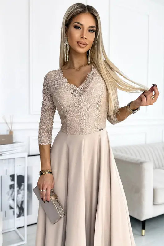 309-10 AMBER lace, elegant long dress with a neckline and leg slit - beige - Livre e Solta Fashion