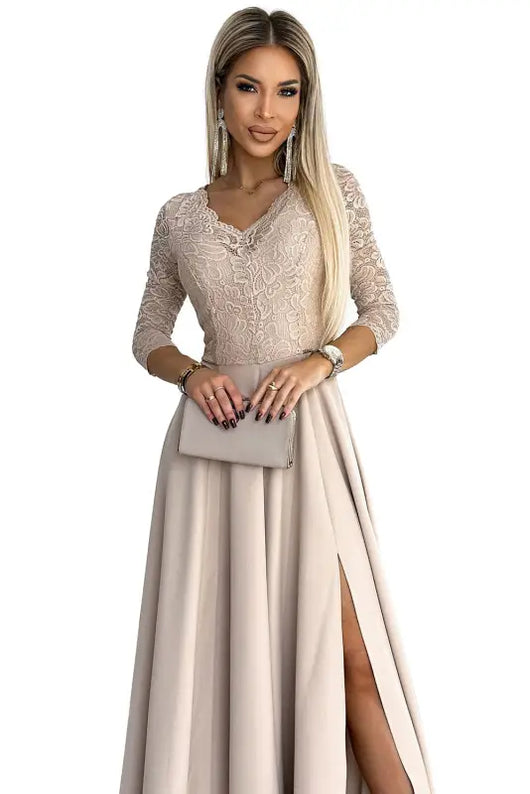 309-10 AMBER lace, elegant long dress with a neckline and leg slit - beige - Livre e Solta Fashion