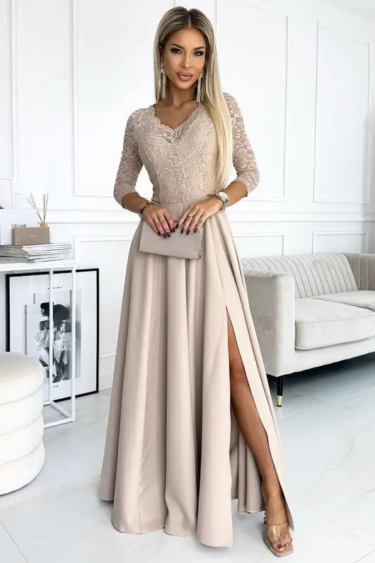 309-10 AMBER lace, elegant long dress with a neckline and leg slit - beige - Livre e Solta Fashion