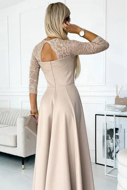 309-10 AMBER lace, elegant long dress with a neckline and leg slit - beige - Livre e Solta Fashion