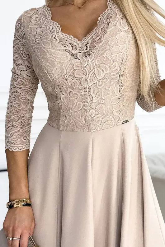 309-10 AMBER lace, elegant long dress with a neckline and leg slit - beige - Livre e Solta Fashion