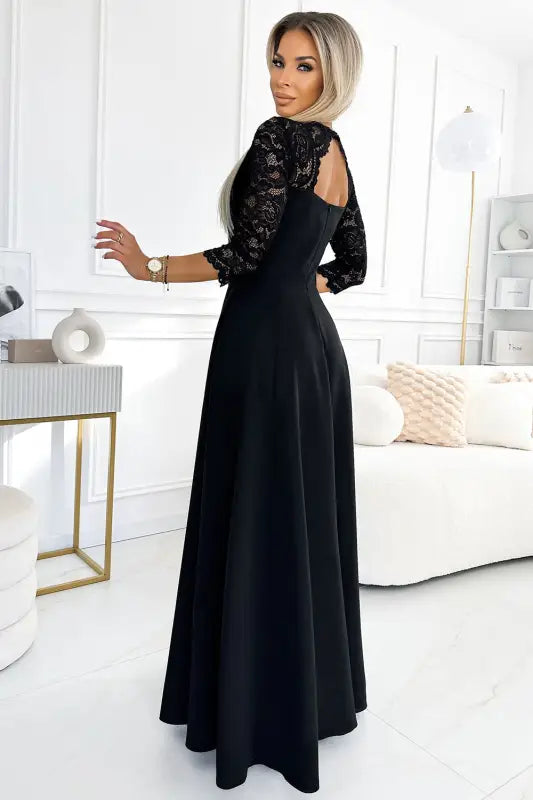 309-11 AMBER lace, elegant long dress with a neckline and leg slit - black - Livre e Solta Fashion