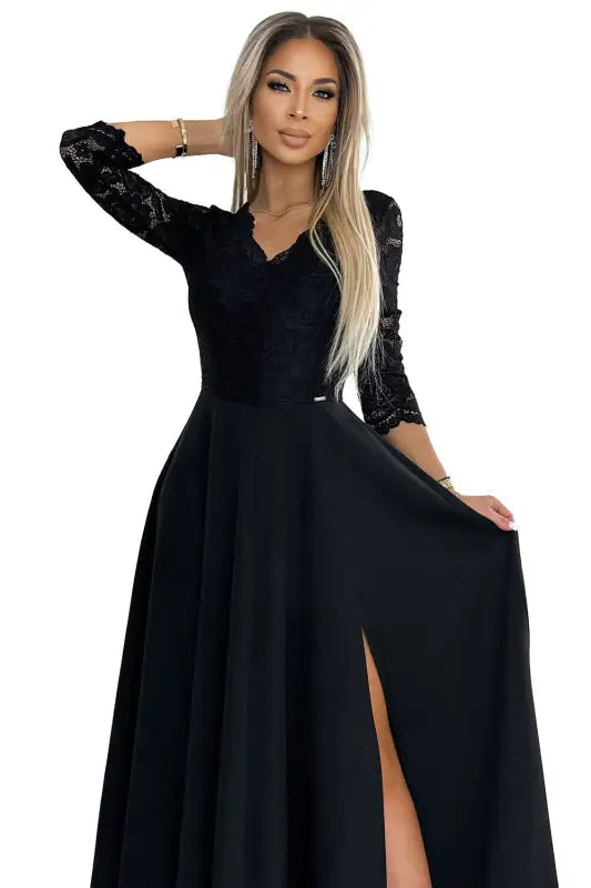 309-11 AMBER lace, elegant long dress with a neckline and leg slit - black - Livre e Solta Fashion