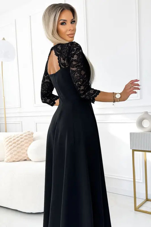 309-11 AMBER lace, elegant long dress with a neckline and leg slit - black - Livre e Solta Fashion