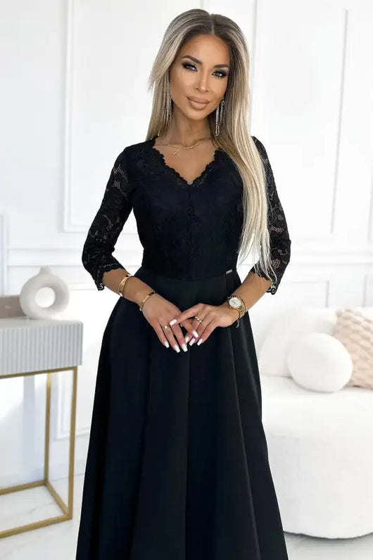 309-11 AMBER lace, elegant long dress with a neckline and leg slit - black - Livre e Solta Fashion