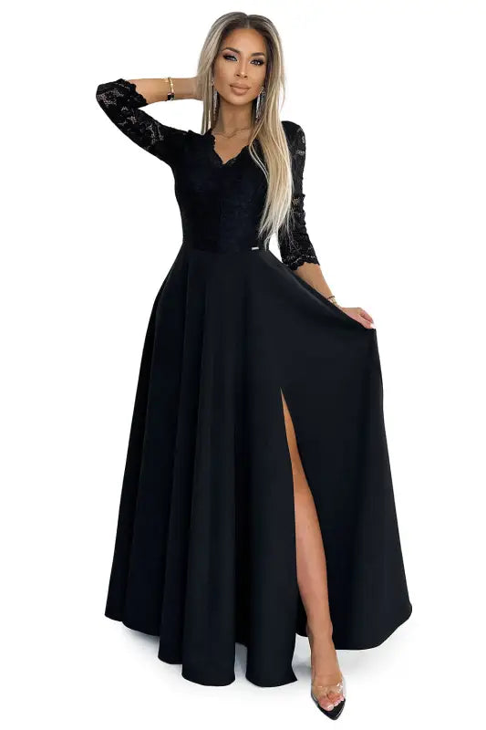 309-11 AMBER lace, elegant long dress with a neckline and leg slit - black - Livre e Solta Fashion