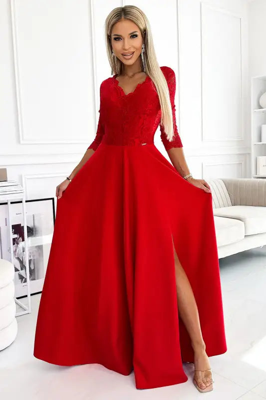 309-8 AMBER lace, elegant long dress with a neckline and leg slit - red - Livre e Solta Fashion