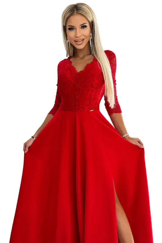 309-8 AMBER lace, elegant long dress with a neckline and leg slit - red - Livre e Solta Fashion